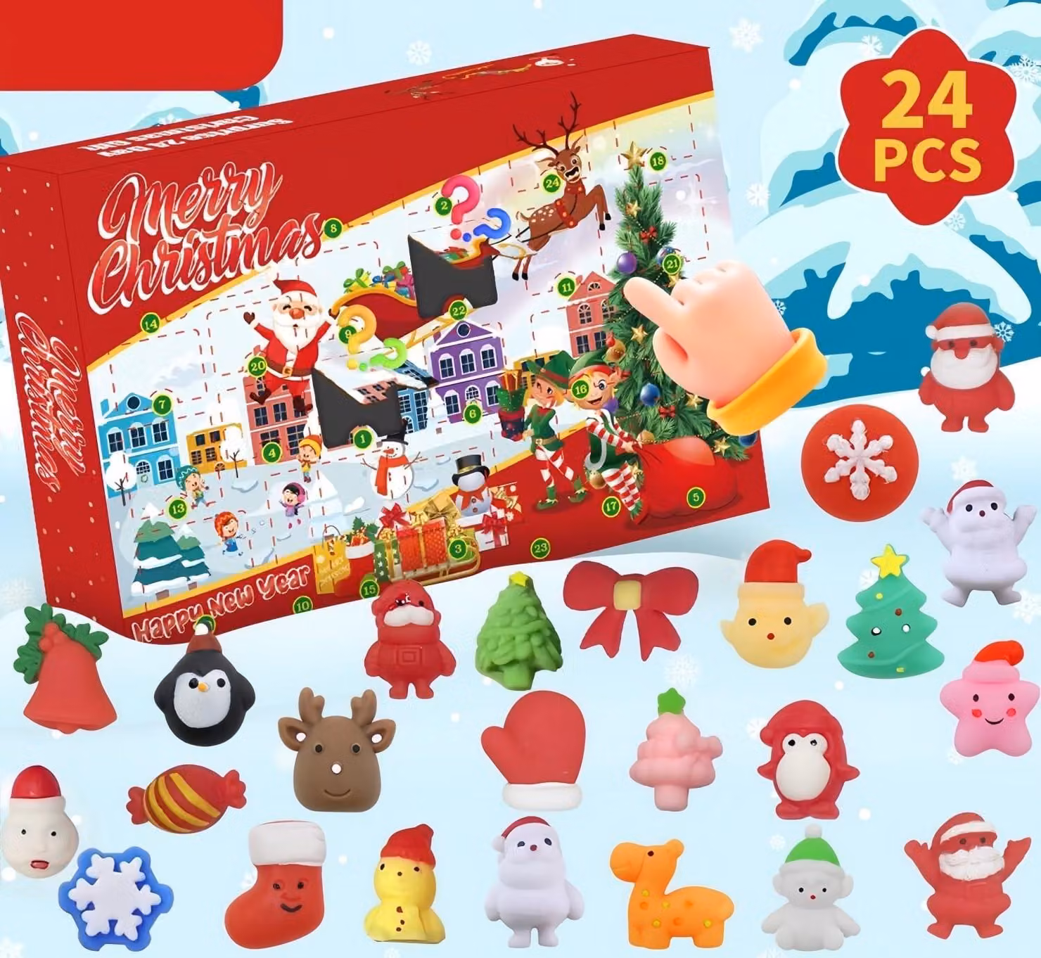 Calendario dell'Avvento con 24 giocattoli antistress a forma di mochi per bambini
