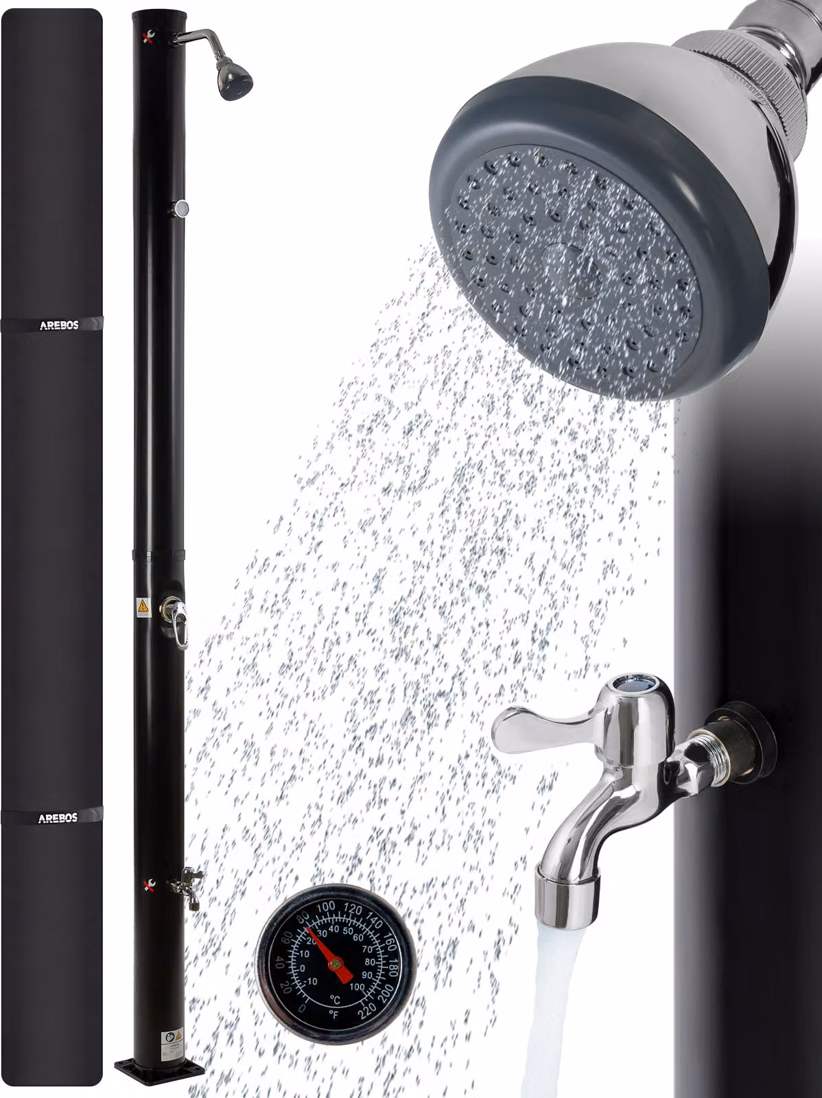 Doccia solare AREBOS 20 litri | 228 cm | termometro integrato e doccia a pedale | nero | fino a 60°C | con attacco per tubo da giardino