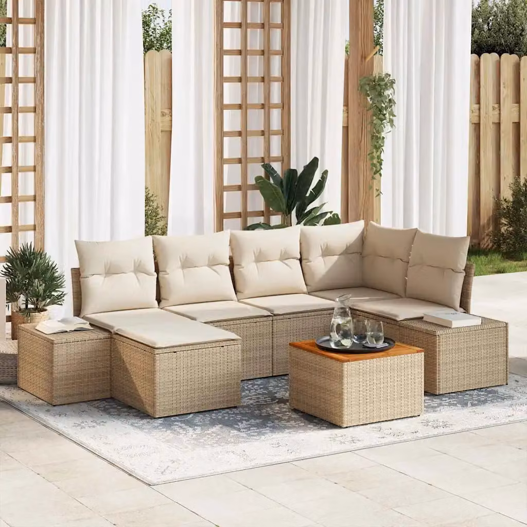 Set Divano da Giardino vidaXL 7 Pezzi Beige con Cuscini e Tavolino in Polyrattan e Acciaio – 1