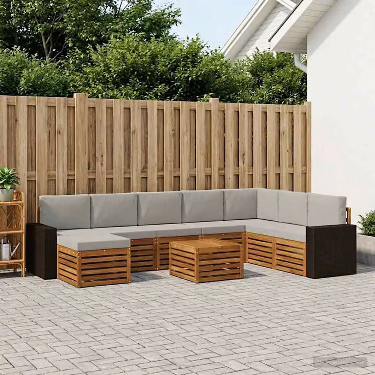 vidaXL Set di divani da esterno a L composto da 9 pezzi in legno di acacia con cuscini, tavolino e pouf, colori beige, grigio e marrone