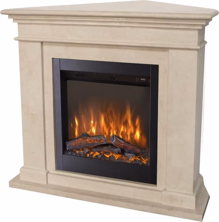 Caminetto elettrico Xaralyn - Kos-Corner ELE - pietra naturale bianca - riscaldamento 1500 watt - con telecomando - caminetto da incasso incluso - caminetto decorativo - caminetto ad angolo