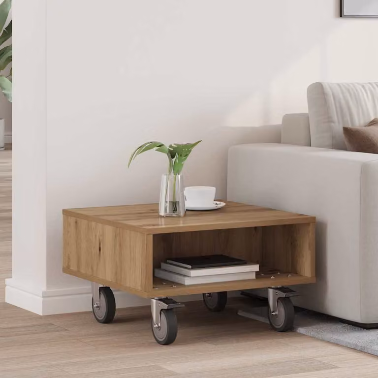 Tavolino con ruote vidaXL in legno rovere marrone, L 50,5 cm x P 50 cm x H 30 cm