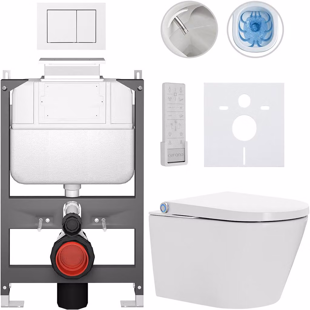 CERANO - WC sospeso con bidet Cronus Pro - bianco lucido - pulsante Prime/Maxio, bianco - comando dall'alto - installazione a parete/cartongesso - 59,3 x 38,4 cm