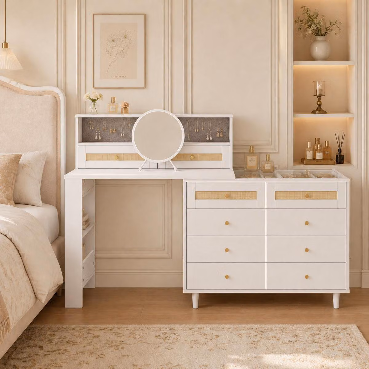 Comò da trucco con contenitore per gioielli e specchio, 10 cassetti, piano in vetro e decorazioni in rattan, dimensioni 105x50x107,5 cm, colore bianco