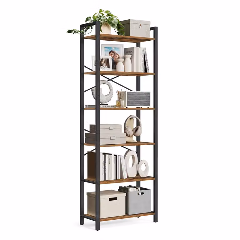 Scaffale Portaoggetti a 6 Ripiani, Marrone Rustico + Nero / 30 x 66 x 186 cm