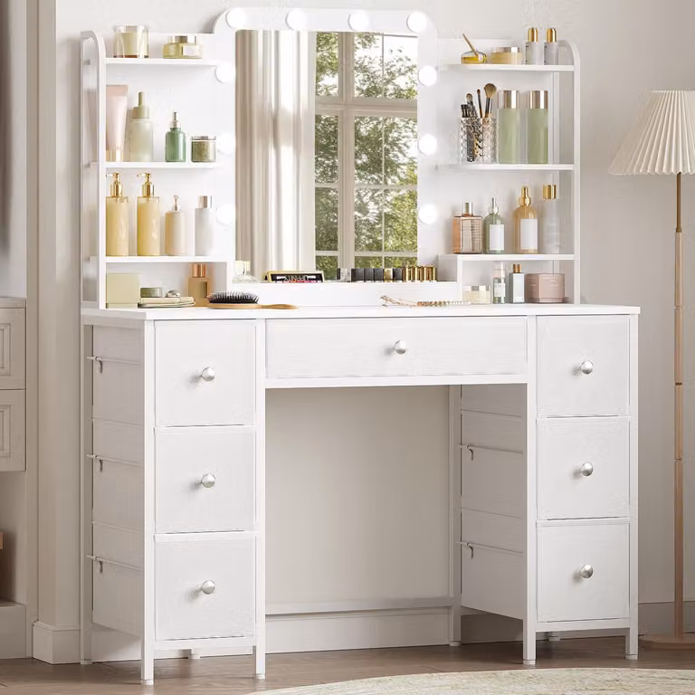 Comò da trucco con illuminazione a LED, 7 cassetti, 6 scomparti, specchio HD, colore bianco, dimensioni 40 x 108 x 142 cm