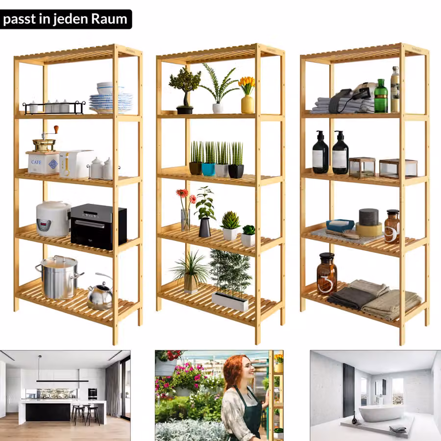 Scaffale Casaria® in bamboo con 5 ripiani regolabili, H 130 x L 60 x P 26 cm – 3