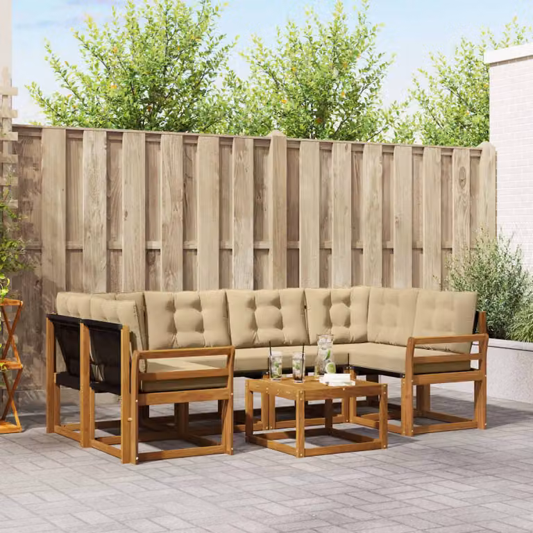 vidaXL Set di divani da esterno a L composto da 7 pezzi in legno di acacia e tessuto beige con tavolino da giardino