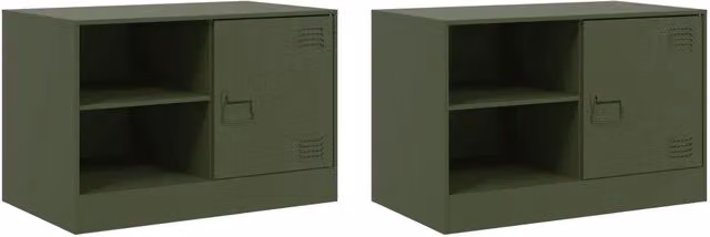 Set di 2 mobili porta TV in acciaio in stile industrial, colore verde oliva opaco, L: 67 cm, P: 39 cm, H: 44 cm