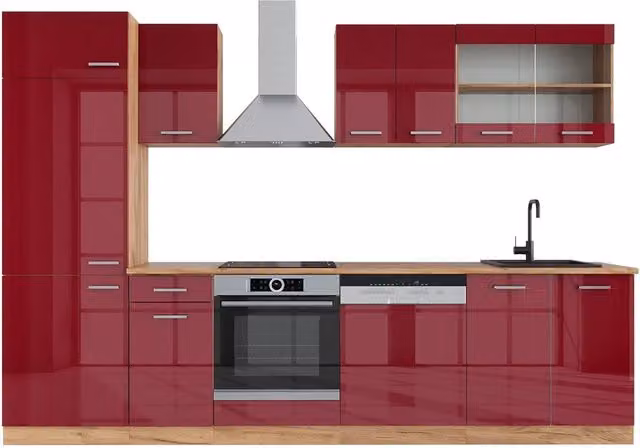 Cucina componibile moderna Vicco R-Line in rosso lucido e rovere dorato, larghezza: 300 cm, senza piano di lavoro