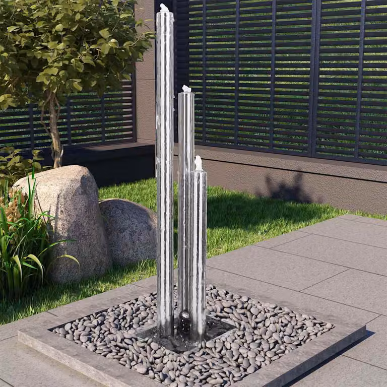 Fontana da giardino moderna vidaXL in acciaio inox e plastica, Argento, L: 48 cm, P: 34 cm, H: 153 cm