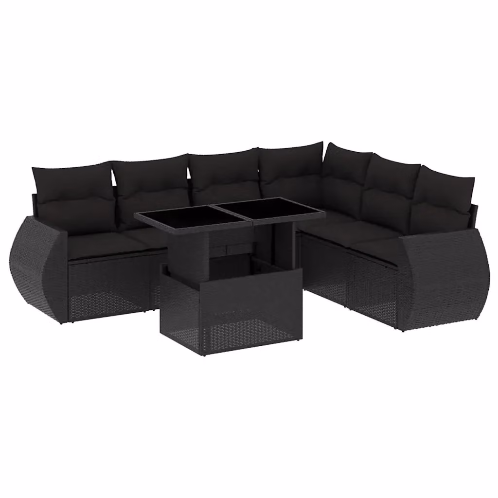vidaXL Set Divano da Giardino a L con 7 Pezzi Nero in Polyrattan e Acciaio con Cuscini e Tavolino – 2