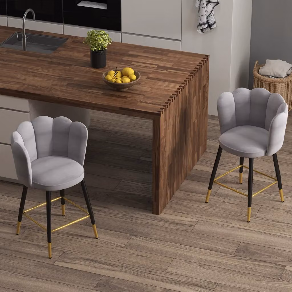 EasyComfort Set da 2 Sgabelli da Bar in Velluto Grigio con Poggiapiedi e Base in Acciaio, L: 59 cm, P: 52 cm, H: 90 cm – 2