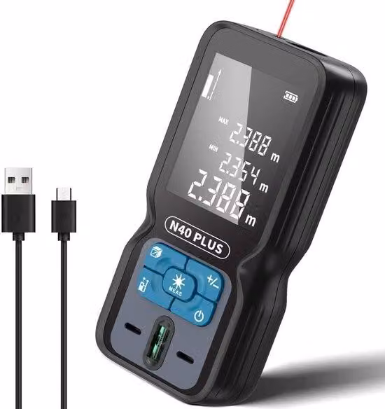 Misuratore di distanza laser, portata 70 metri, con livella a bolla (unità di misura: metri/pollici/piedi), ricarica USB. Misuratore laser per la misurazione di distanze, aree e volumi.