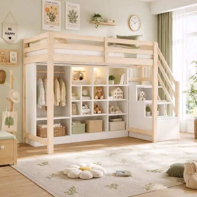 Letto a soppalco 90x200 cm con contenitore e LED in legno colore naturale e bianco