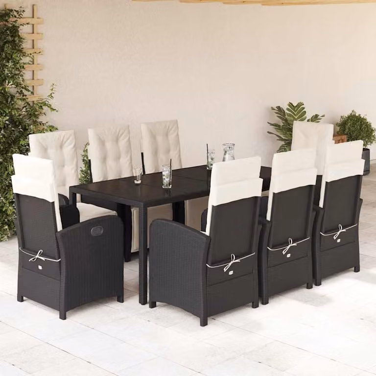 Set da Pranzo da Giardino vidaXL 9 pz in Polyrattan Nero con Cuscini e Tavolo in Vetro