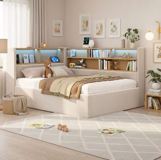 Letto con contenitore idraulico; LED e vani portaoggetti in velluto beige