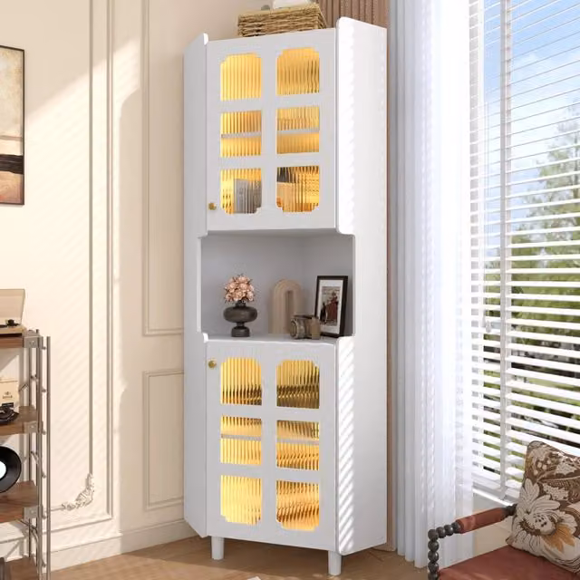 Armadio angolare moderno in MDF bianco laccato con ante in vetro e illuminazione integrata L: 63.5 cm, P: 63.5 cm, H: 157.5 cm