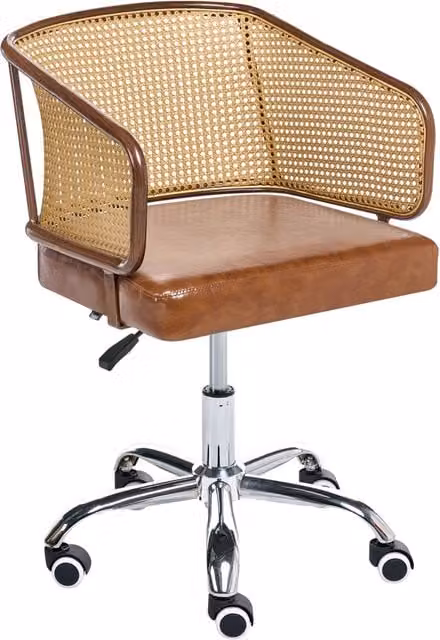 Sedia da ufficio BELIANI in ecopelle marrone con schienale in rattan, girevole a 360 gradi, con braccioli e altezza regolabile, ideale per casa e studio