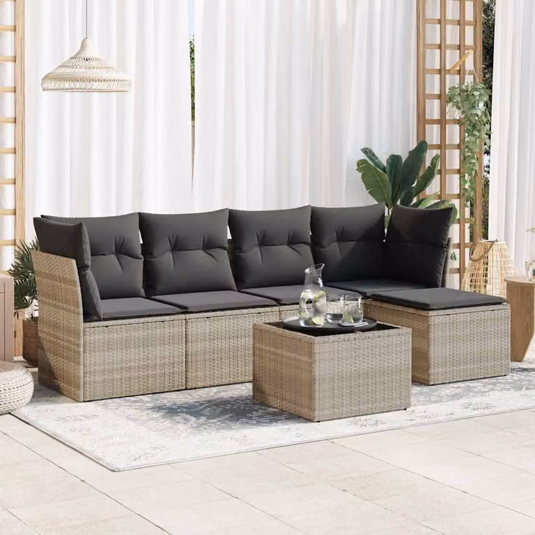 Set Divano da Giardino vidaXL a 6 posti in Polyrattan Grigio con Cuscini e Tavolino da Esterno