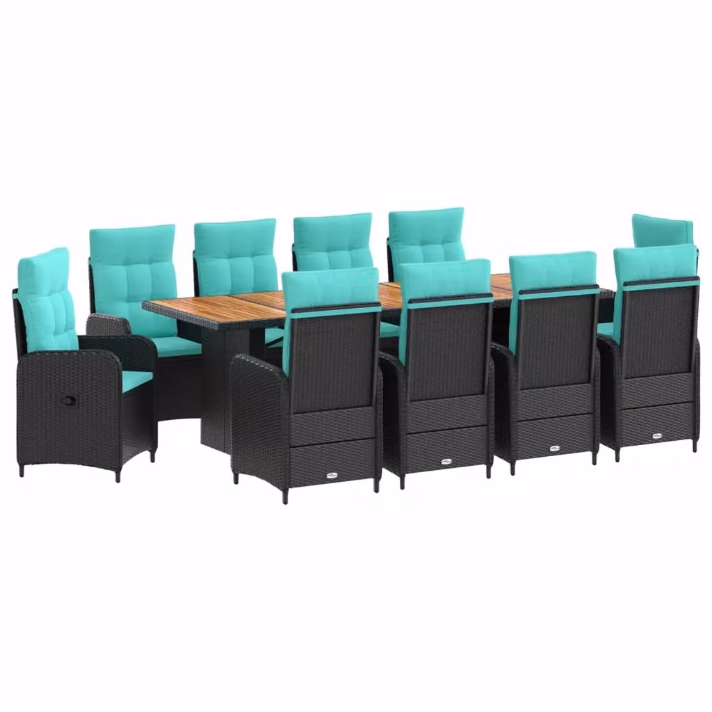 Set da pranzo per esterni vidaXL in polyrattan e legno di acacia da 11 pezzi, Nero e Turchese – 2