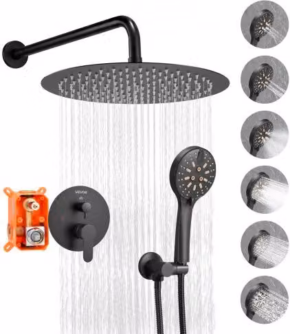 VEVOR Sistema Doccia a Pioggia Nero Opaco con Soffione Tondo da 30,5 cm, Doccetta e Set di Rubinetti a Parete in Ottone