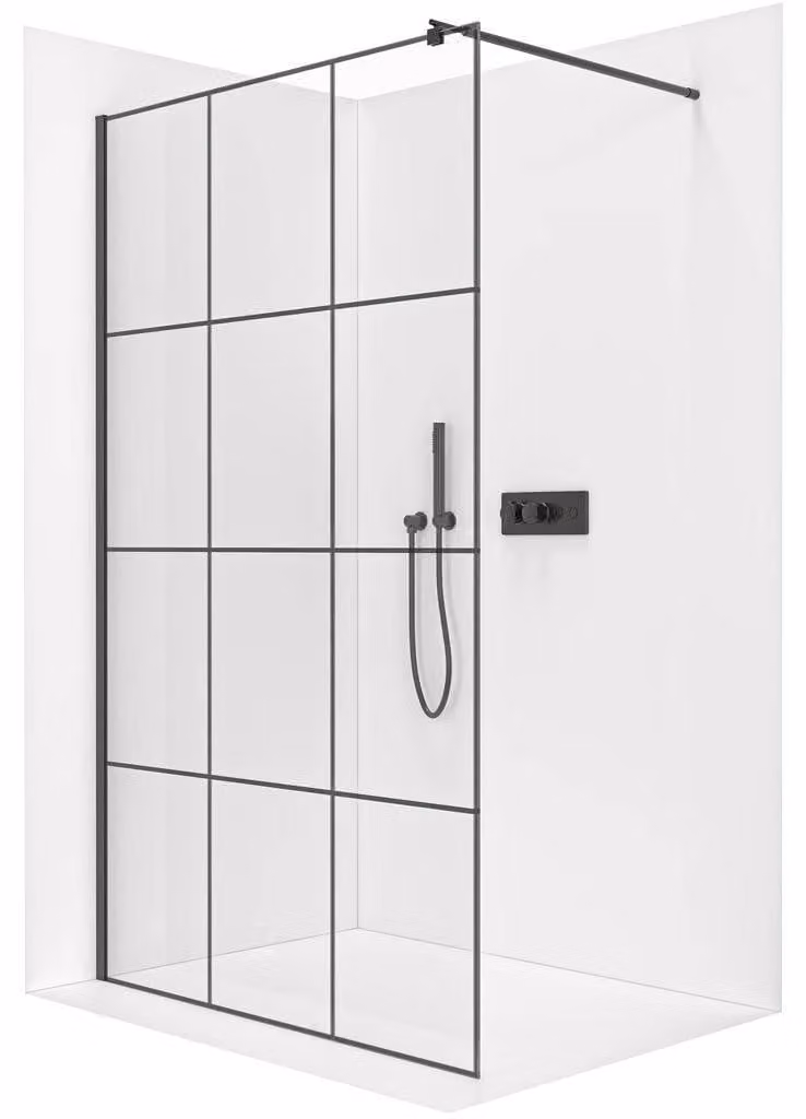 Pannello doccia angolare Walk-in Onyx Round L/P - 8 mm - colonna rotonda - nero opaco, vetro industriale - 120x200 cm