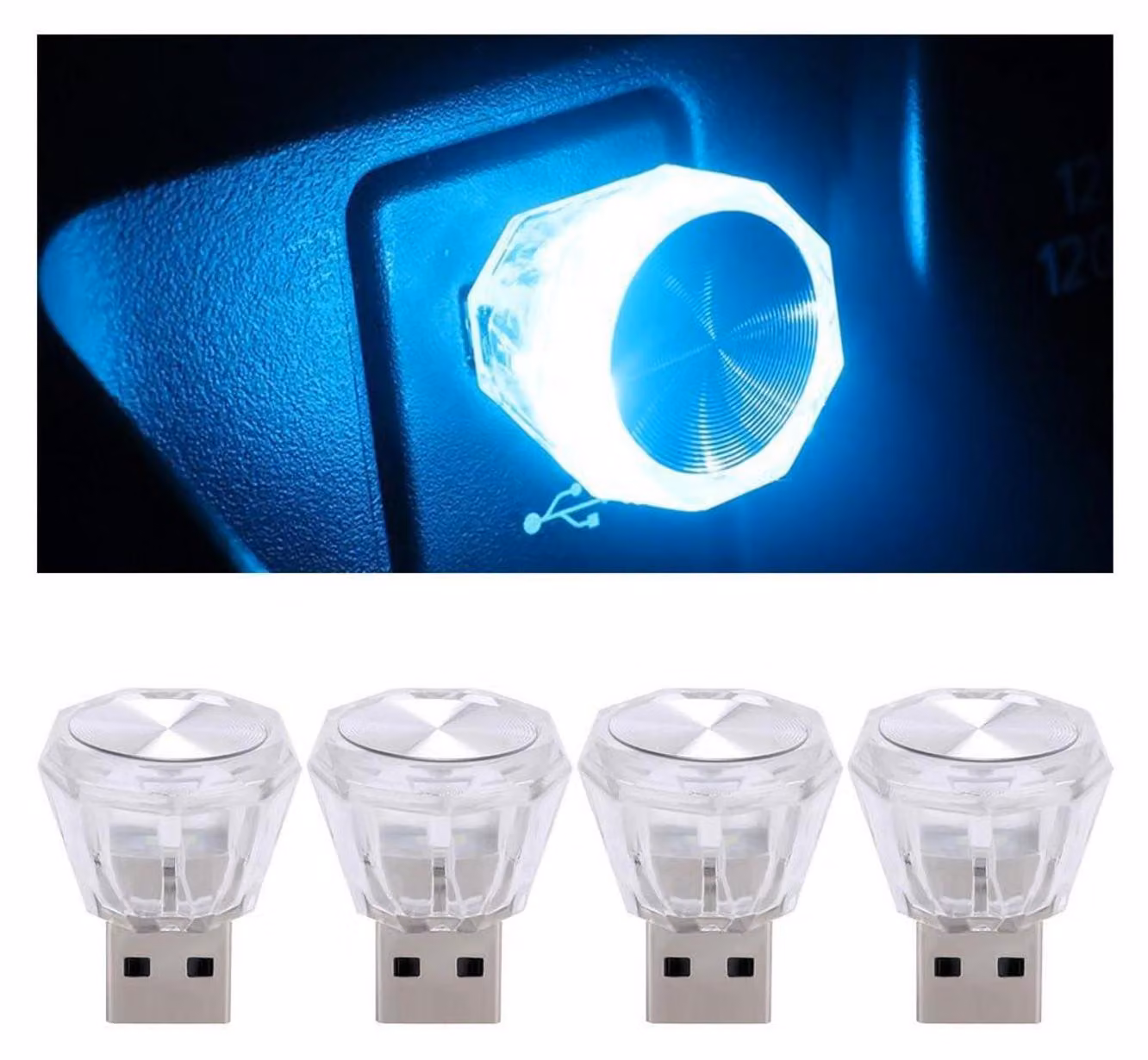 4 luci LED USB per l'illuminazione interna dell'auto, colore blu ghiaccio
