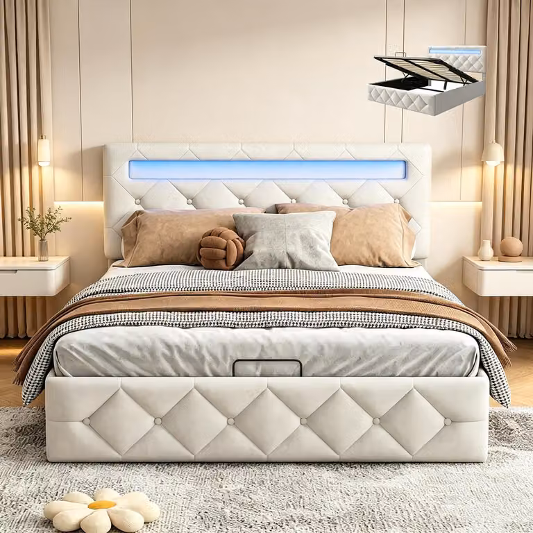 Letto contenitore con boxspring, dimensioni 160x200 cm, con illuminazione a LED, imbottito, con sistema di sollevamento idraulico, adatto per ragazzi, con rete a doghe e contenitore, rivestito in velluto, colore beige.