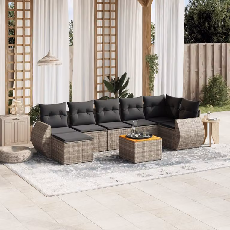 Set Divano da Giardino vidaXL 8 pz in Polyrattan Grigio con Cuscini e Tavolino