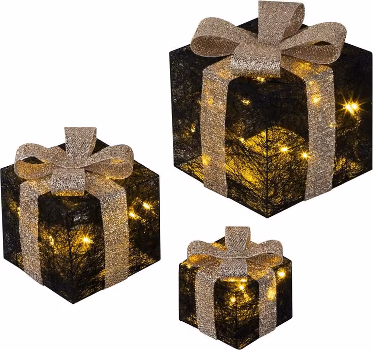 Bambelaa! 3pcs Led Decorazione Regali scatole luminose Timer Decorazione di Natale Decorazione di Natale Illuminato Decorazione di Natale Nero-Oro