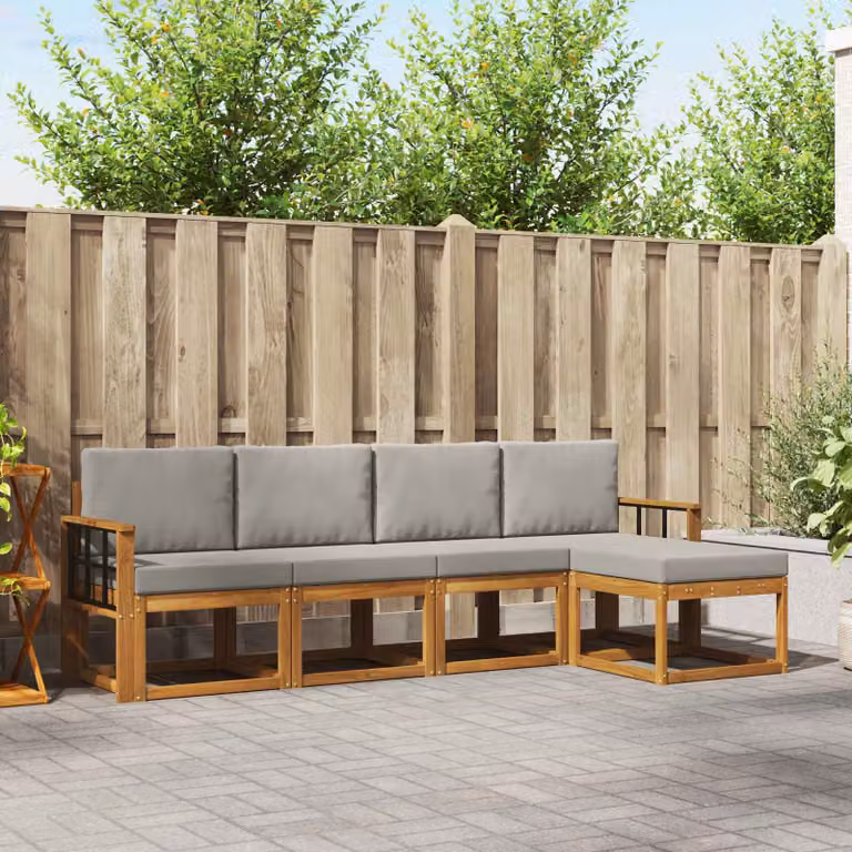 Set di divani da esterno vidaXL a forma di L composto da 5 pezzi in legno di acacia con cuscini inclusi, colore grigio