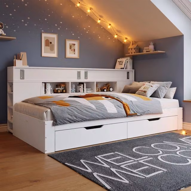 Letto Mivray con cassetti, armadi e scaffali in MDF bianco opaco, L/P: 140 x 190 cm