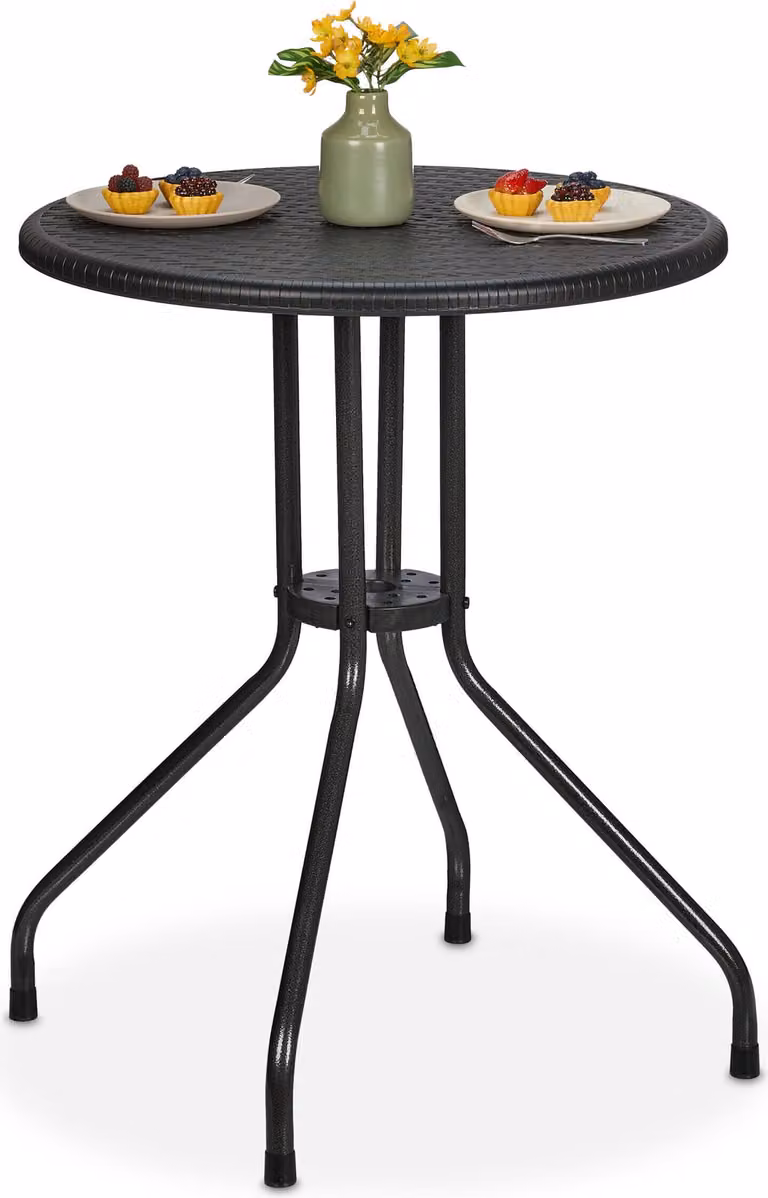Tavolo da giardino Relaxdays, A x P: 73 x 60 cm, effetto rattan, plastica e acciaio, tavolo da pranzo da esterno, tavolo rotondo da balcone, nero