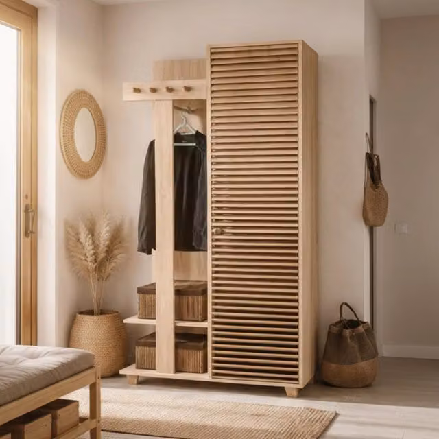 Mobile da ingresso Savina DMORA, composizione appendiabiti e consolle portaoggetti moderna in rovere, L: 90 cm, P: 36 cm, H: 194 cm – 1