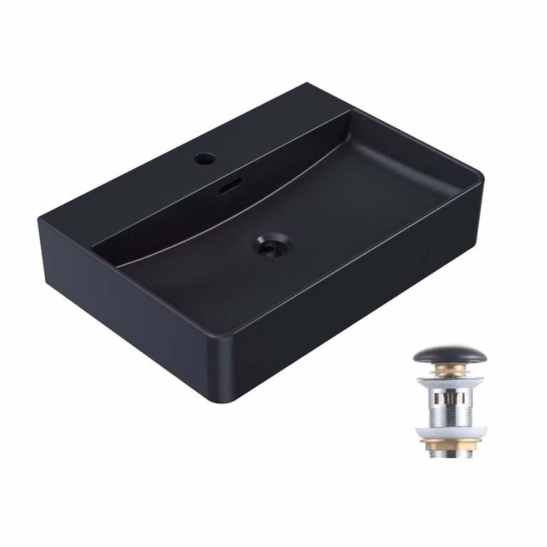 Lavabo HOROW da 60 x 42 cm con scarico a tappo pop-up in Vetroceramica, lavabo da parete nero, lavabo sospeso, lavabo rettangolare da appoggio con troppofilo