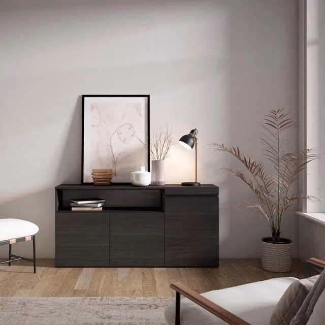 Credenza, Mobile, 150x35x75cm, 3 Porte, grande stoccaggio, Nero RF2508