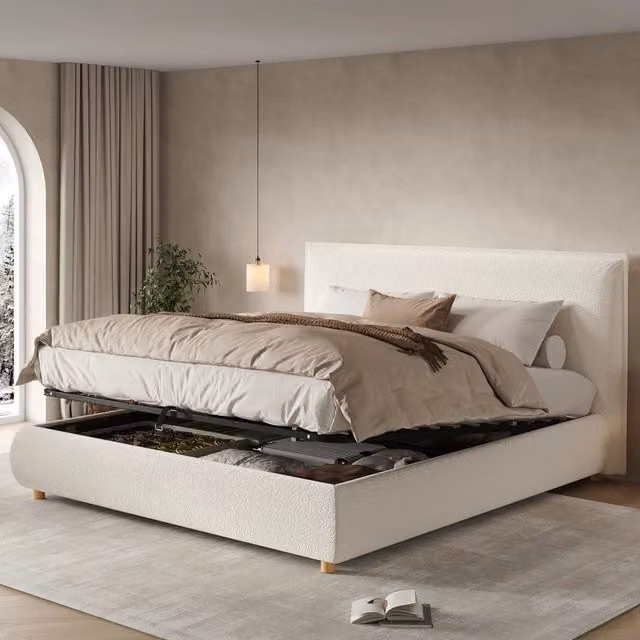 Letto Imbottito Matrimoniale Contenitore ¨C MINIMAL ¨C Idraulico, Testiera, Legno Massello, Bianco, 180x200