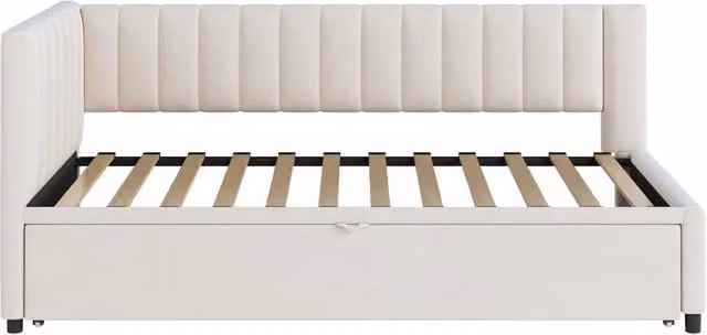Divano Letto Angolare Multifunzionale con Letto Estraibile 90x200 cm in Tessuto Vellutato Beige per Camerette e Ospiti