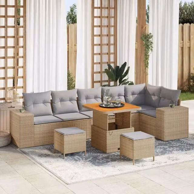 Set Divano da Giardino 9 pcs Beige e Grigio Chiaro polyrattan