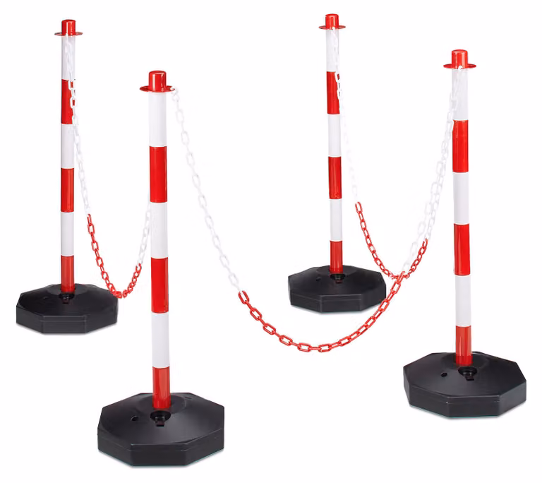 8 pali di segnalazione con catena, in plastica, base riempibile, dimensioni 82x28x28 cm, pali con catena, colore rosso/bianco