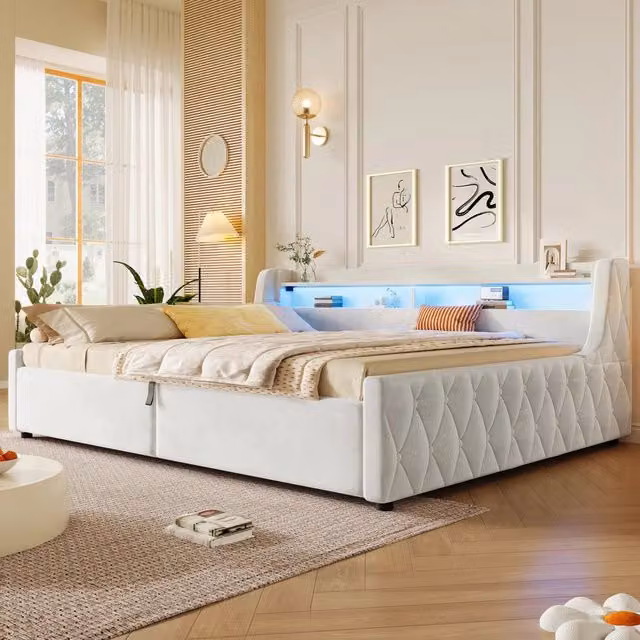 letto a piattaforma flanella off white 140 x 200 cm