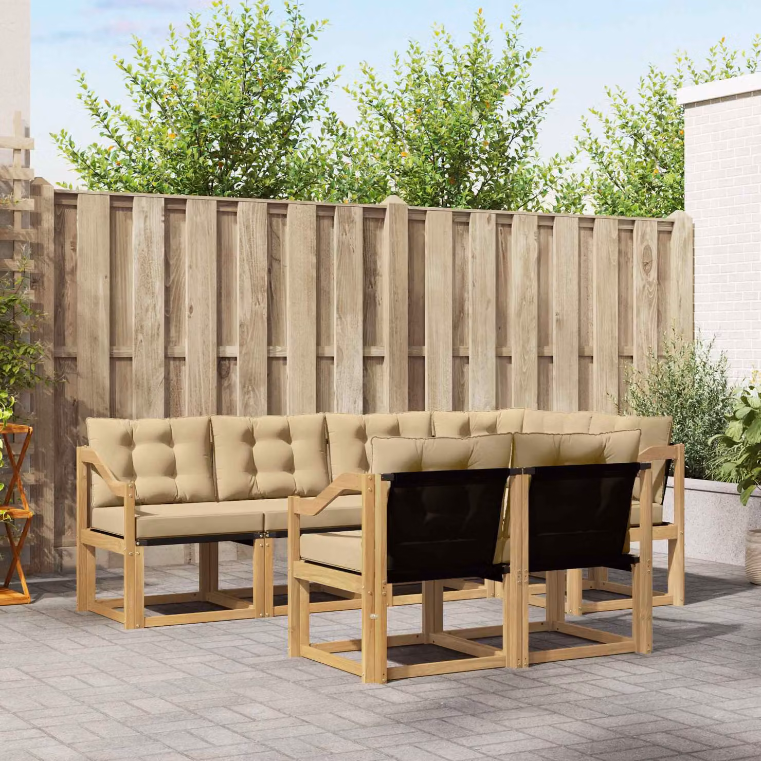 Set di divani da esterno vidaXL 7 pz in legno di acacia con cuscini Bianco e Beige