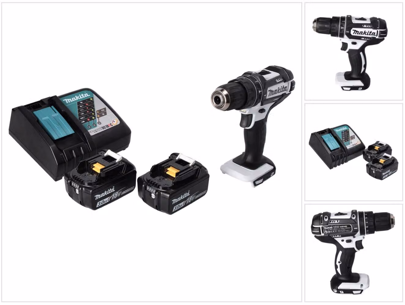 Trapano avvitatore a percussione a batteria Makita DHP 482 RF W 18 V 62 Nm + 2 batterie da 3,0 Ah + caricabatterie