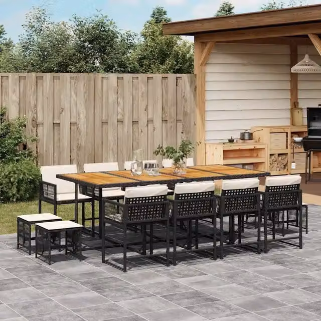 Set da pranzo da giardino vidaXL in polyrattan nero con cuscini e tavolo in legno di acacia per 13 persone