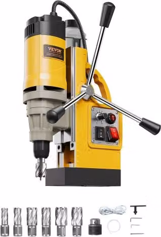 VEVOR Trapano Magnetico Giallo con Motore da 1400 W, Diametro di Foratura 50 mm e 6 Punte per Carotaggio, Velocità Variabile per Superfici Metalliche