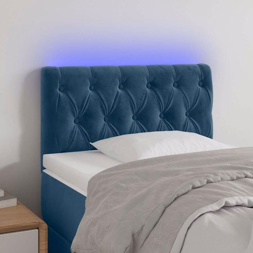 Testiera per letto vidaXL in velluto blu scuro con illuminazione LED e porta di ricarica USB, L 80 cm, P 7 cm, H 78-88 cm
