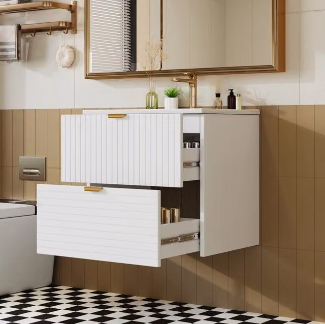 Mobile bagno sospeso 61x46x57cm in MDF laccato con lavabo integrato e 2 cassetti silenziosi, bianco