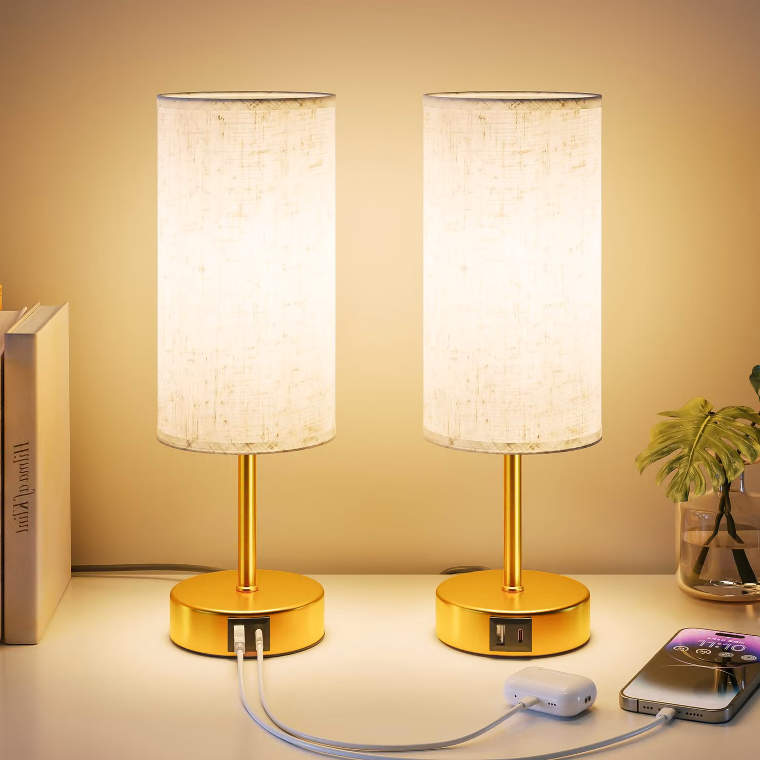 UPXNBOR, set di 2 lampade da comodino con controllo touch, lampade da tavolo dimmerabili con funzione di ricarica