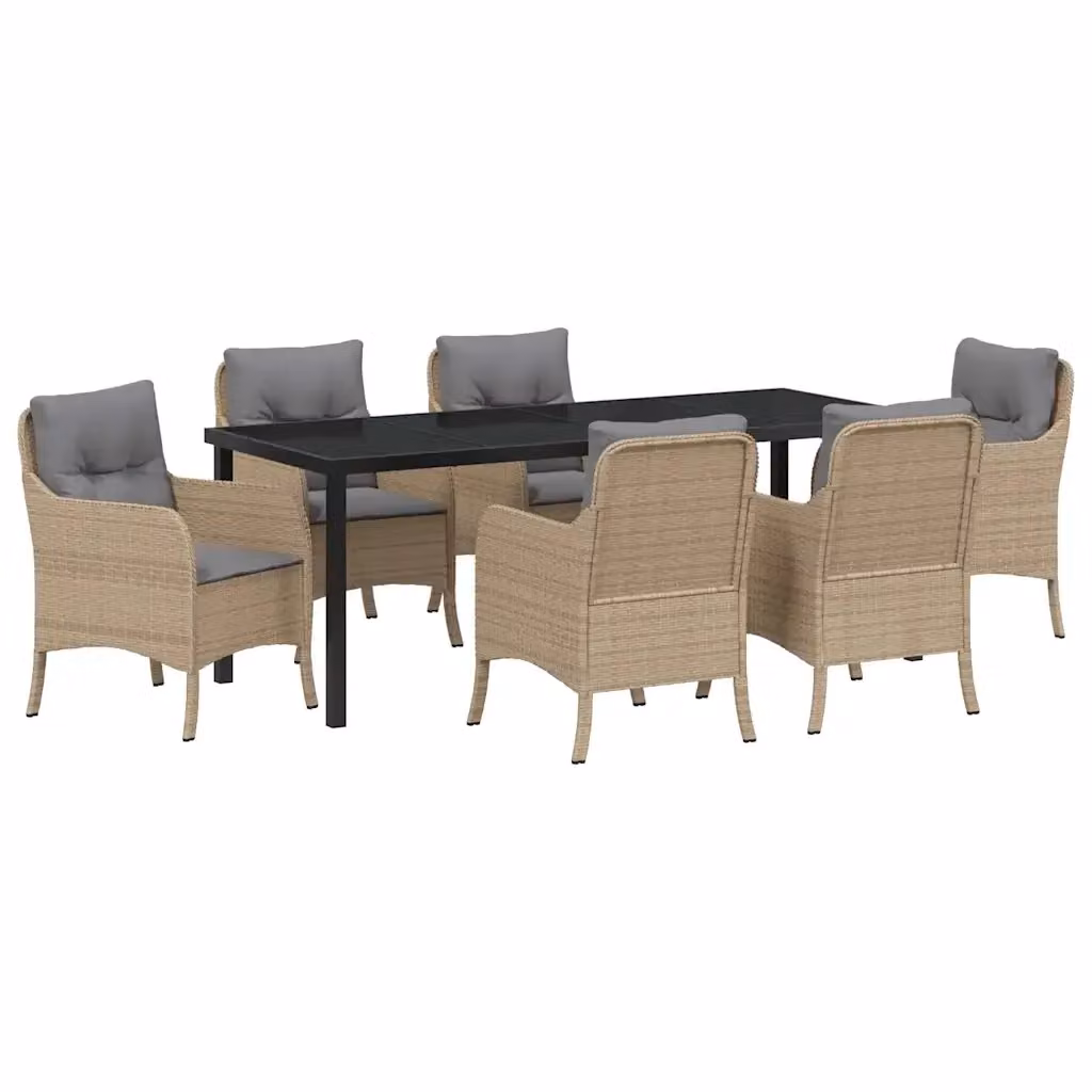 Set da pranzo per giardino e terrazzo vidaXL in polyrattan beige con tavolo in vetro, 7 pezzi – 2